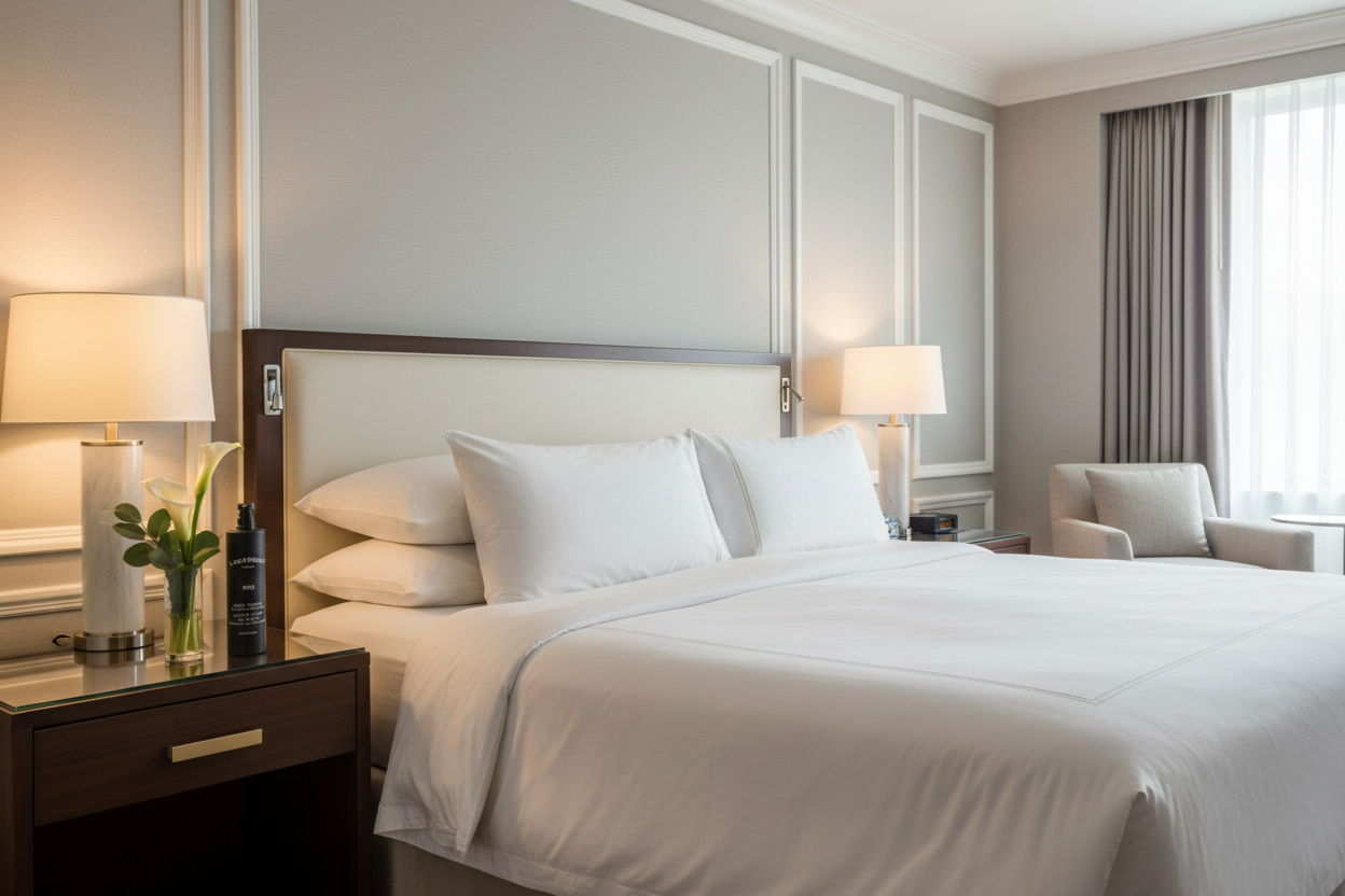 Lockwood New York Body Lotion on luxury hotel bedroom nightstand