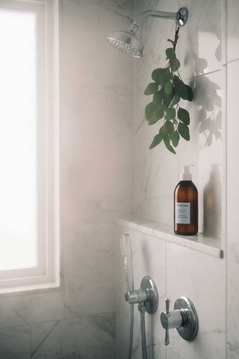 Sachajuan Shampoo in luxury hotel shower with eucalyptus and marble