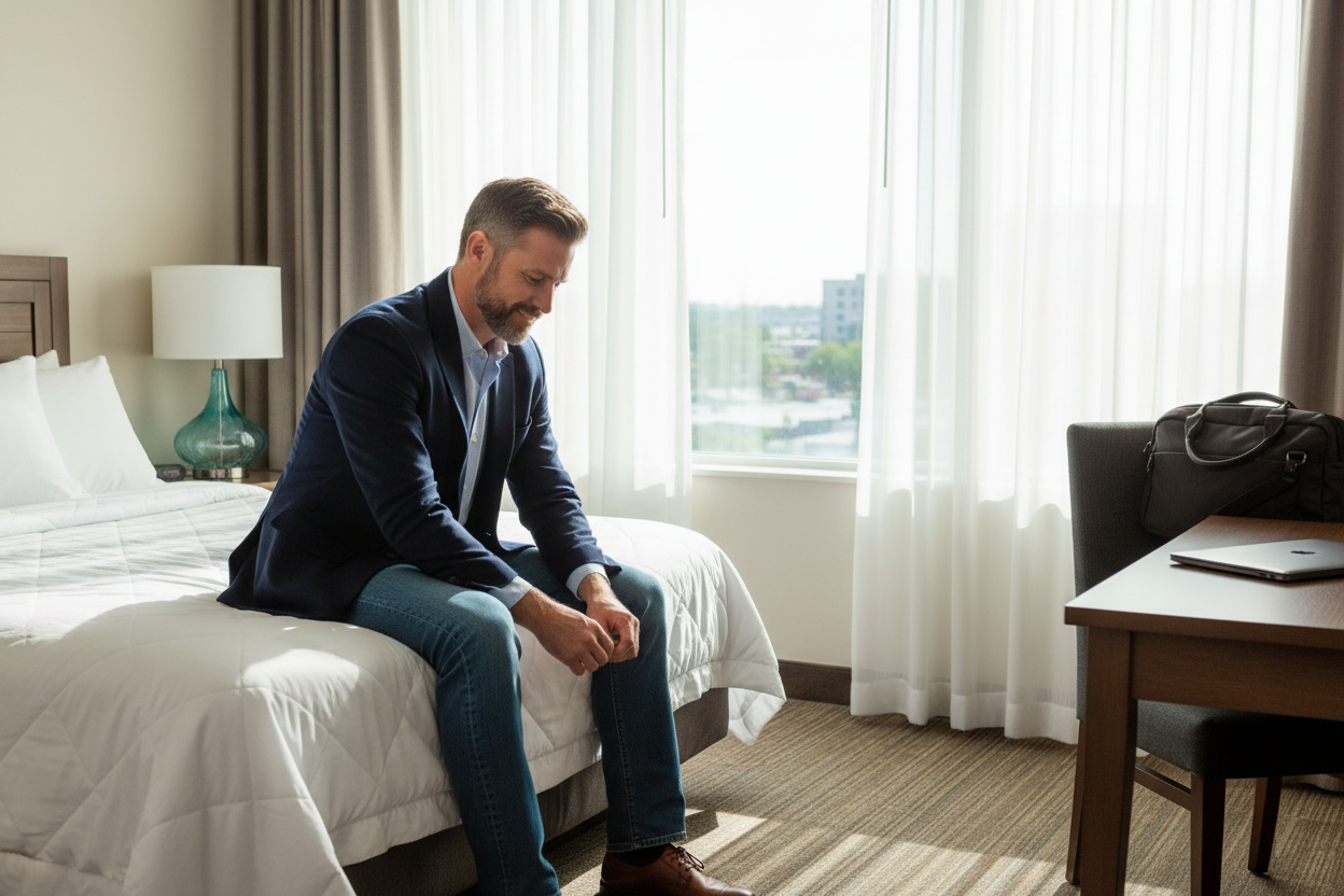 White man business traveler getting ready WoodSpring Suites hotel Ecoendure pillow reliable budget comfort