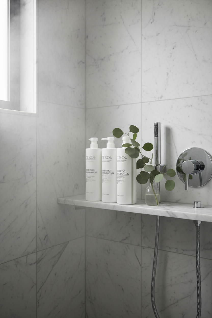 Zero% Naturally Kind Shampoo in luxury hotel shower scene