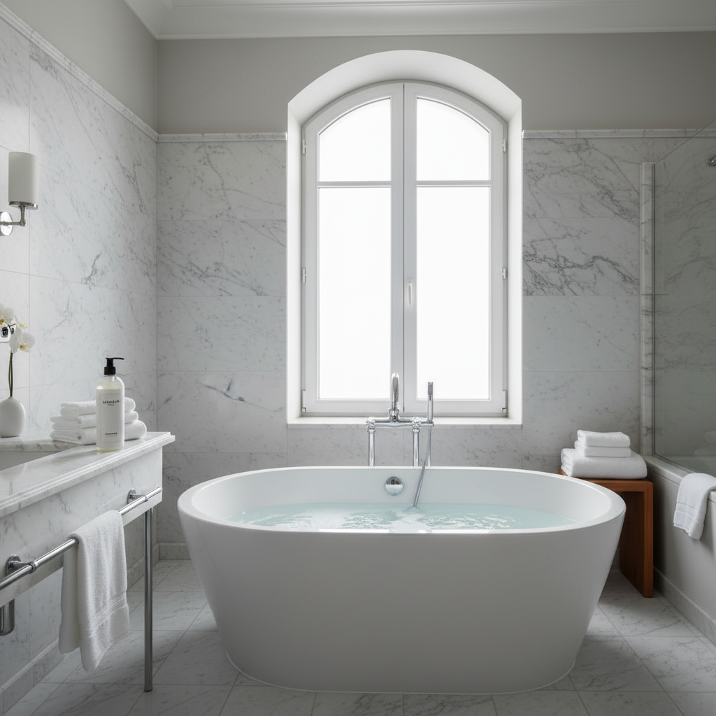 Balmain Paris Shampoo on edge of luxury soaking tub with marble bathroom