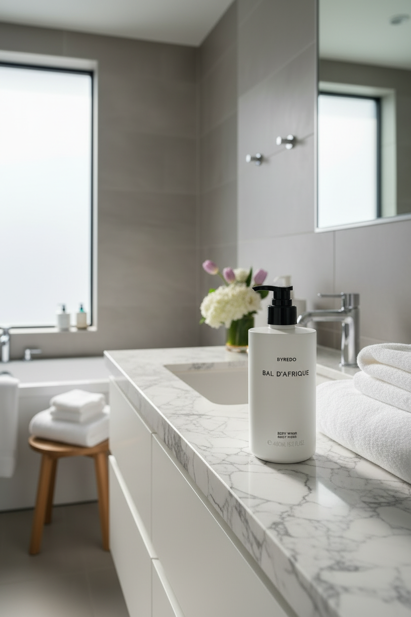 Byredo Bal D'Afrique Body Wash on luxury hotel bathroom vanity with marble countertop gold fixtures - spa quality body care