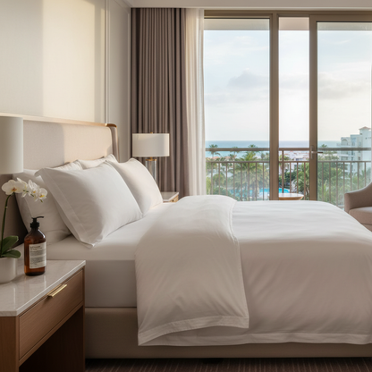 Temperloft Serenity Pillow on soft blush pink hotel sheets - down and down alternative blend luxury