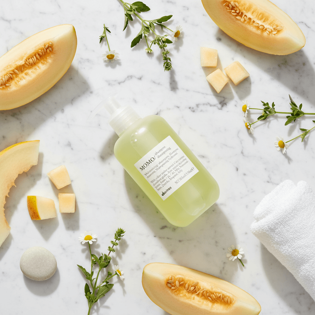 Davines MOMO Shampoo flat lay with fresh melon and Italian spa elements