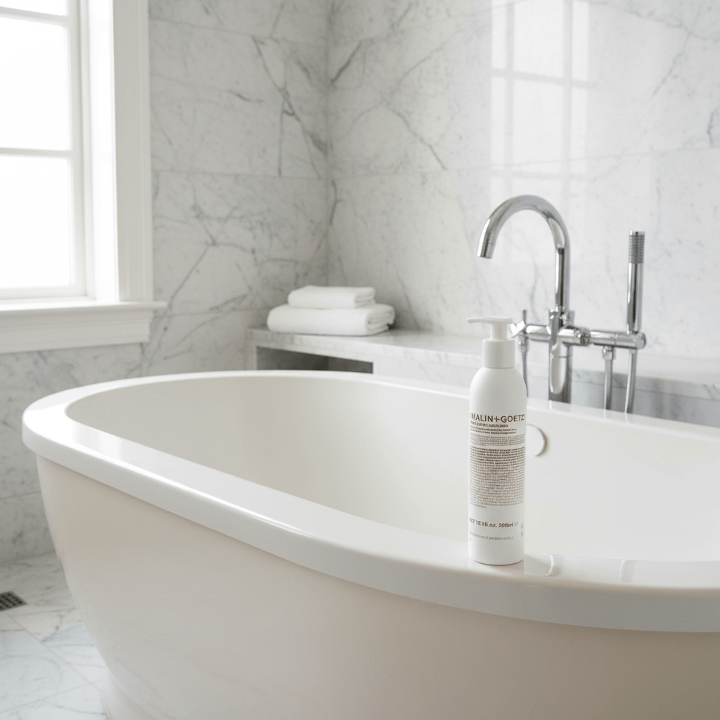 MALIN+GOETZ Shampoo on luxury soaking tub