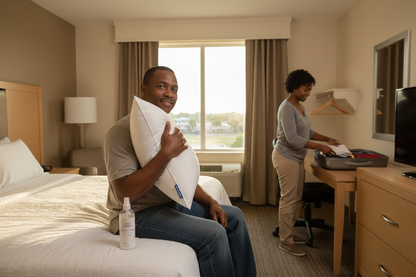 Black couple testing Best Western Victoria king pillow firm support road trip hotel reliable comfort