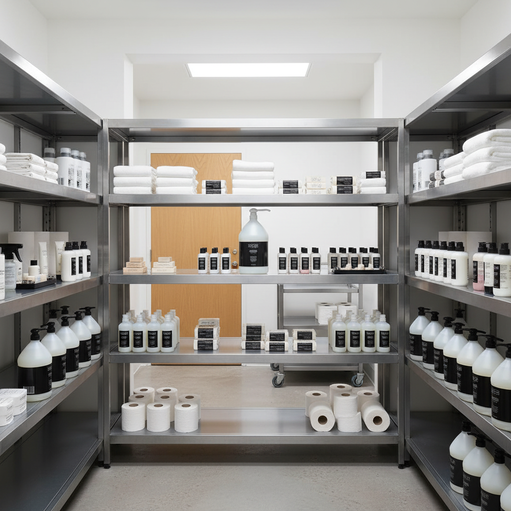 Guild+Pepper Shampoo 1 Gallon in luxury hotel storage room with organized shelving