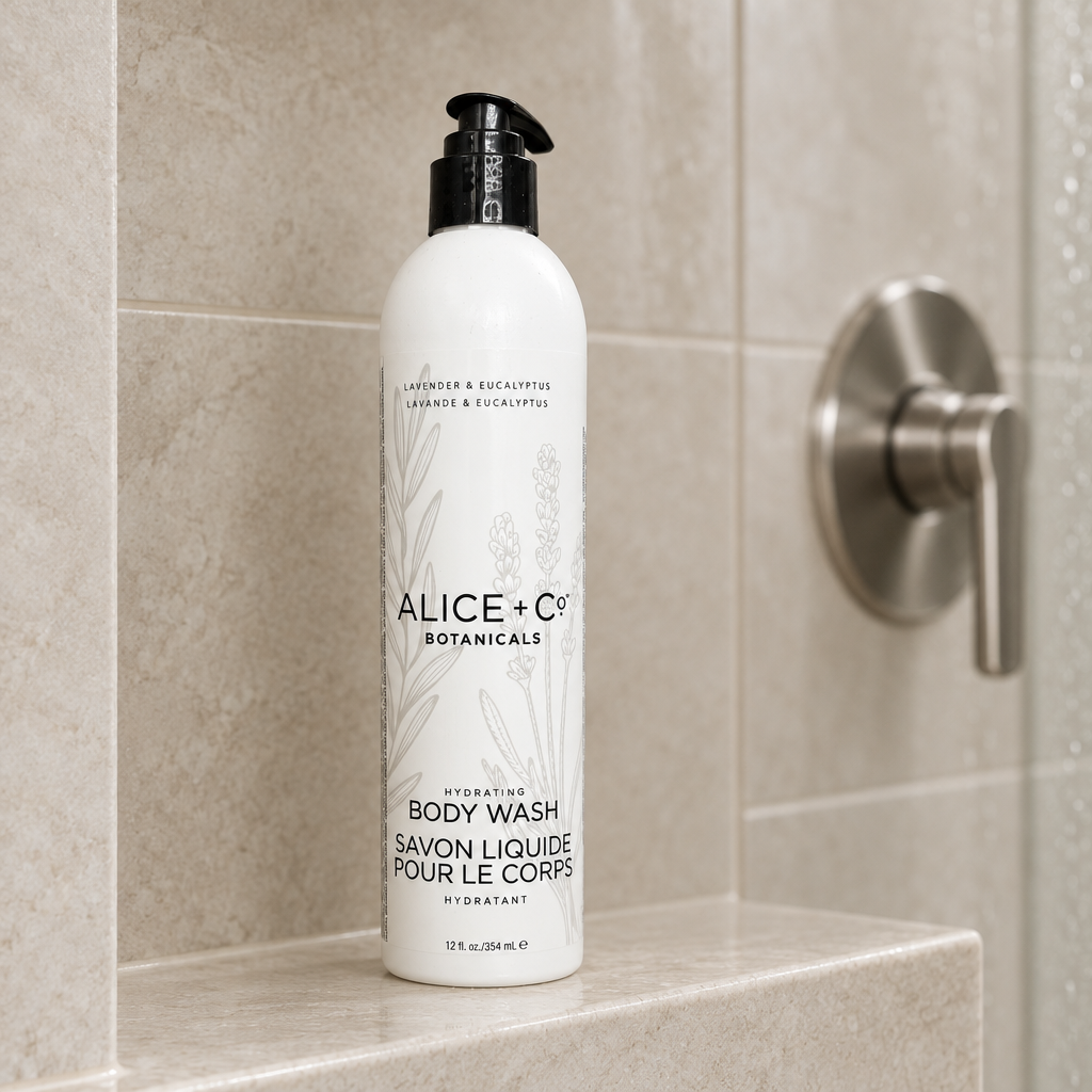 Alice + Co Lavender and Eucalyptus shampoo flat lay with scattered lavender and eucalyptus