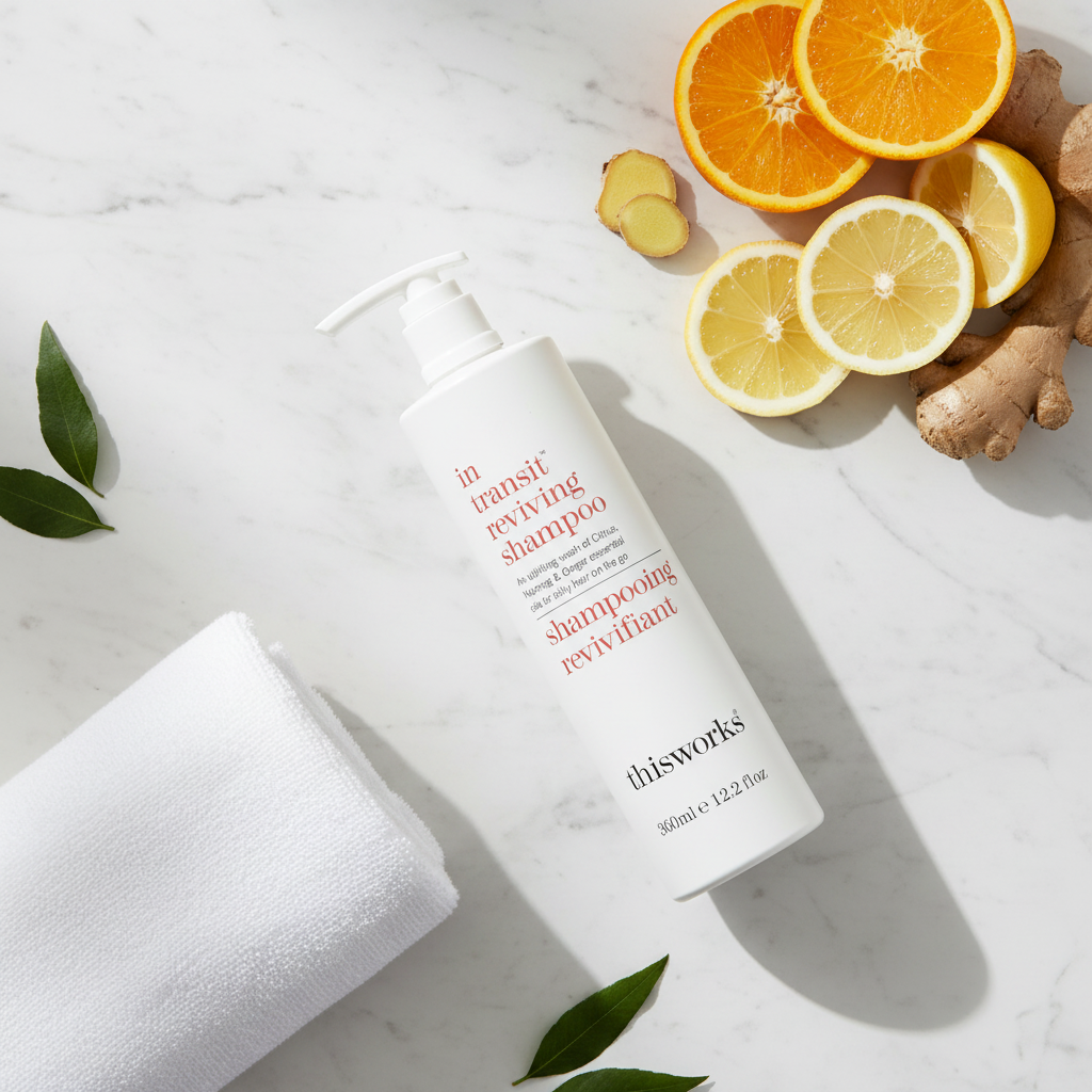 thisworks In Transit Reviving Shampoo - flat lay with citrus and ginger on marble