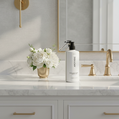 Apotheke Canvas luxury hotel shampoo 480ml on marble bathroom vanity — plant-based vegan shampoo Crowne Plaza Voco IHG hotel amenity