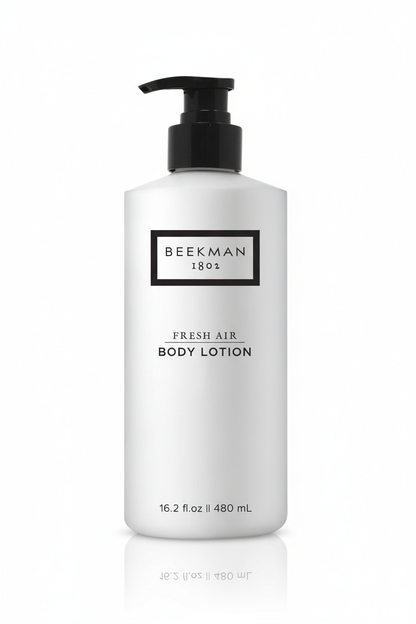 Beekman 1802 Fresh Air Body Lotion front view white frosted bottle black pump minimalist label - luxury body lotion 16.2 oz