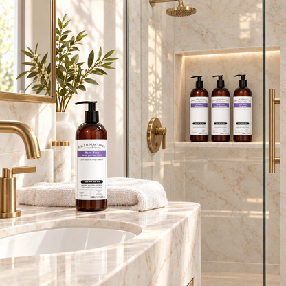 Pharmacopia hand wash beside an ivory marble sink with shampoo, conditioner and body wash in the shower niche