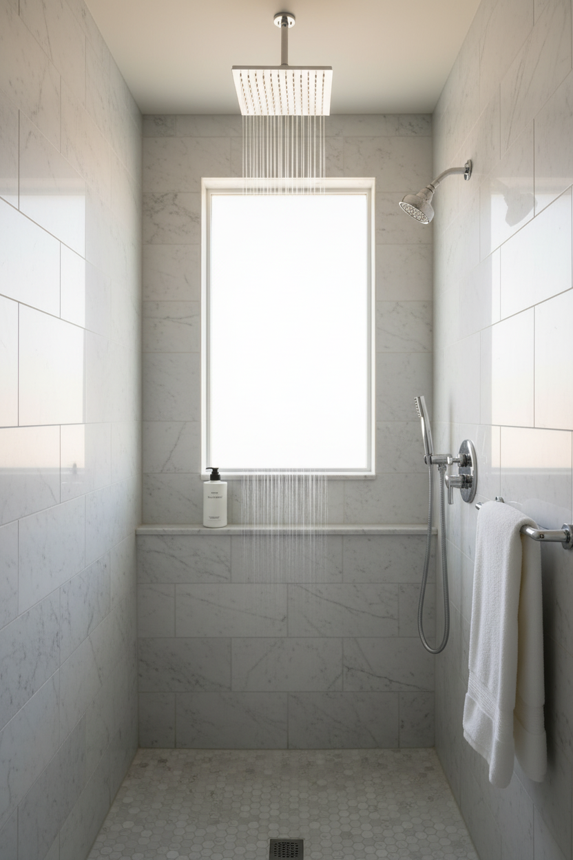 Byredo Bal D'Afrique Body Wash in ultra-luxury hotel shower with white tiles rainfall showerhead - premium cleansing gel