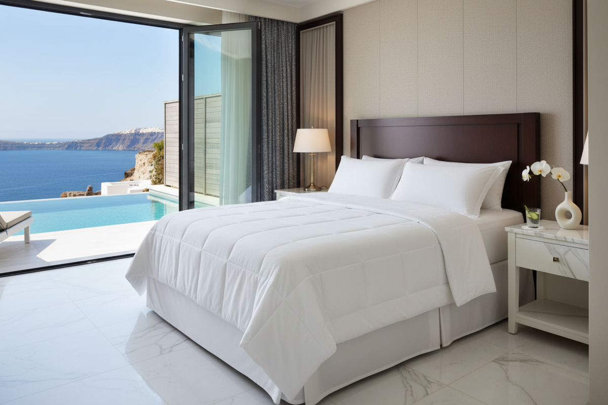 IHG duvet insert in Santorini clifftop villa with infinity pool and Aegean Sea view - luxury summer bedding