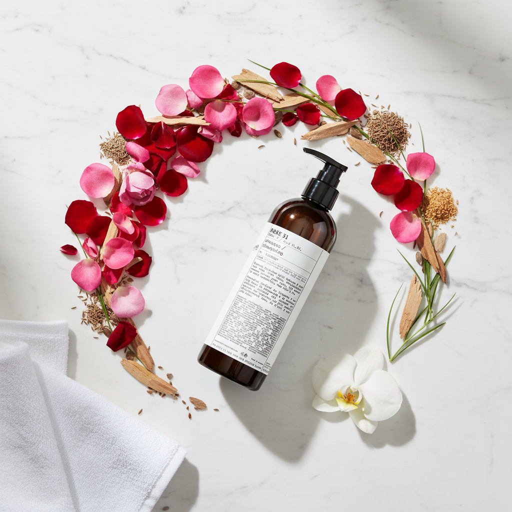 Le Labo Rose 31 Shampoo - circular flat lay with vibrant rose petals, cumin, cedar on marble