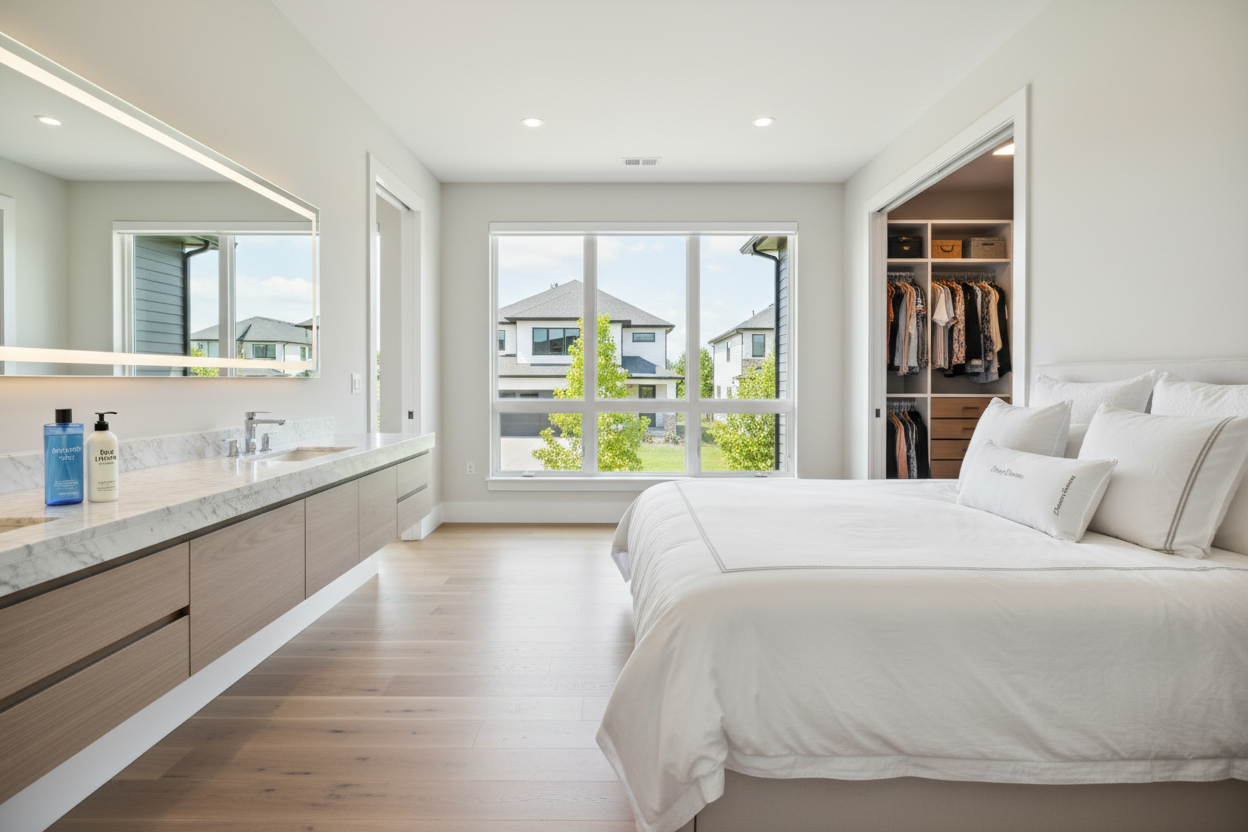 Down Dreams Classic King Medium pillow with white corded edges on modern master bedroom bed showing bathroom vanity with luxury bath products and walk-in closet - Manchester Mills feather down pillow for home use