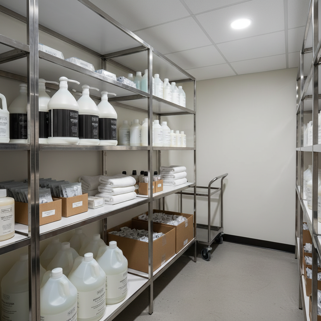 Guild+Pepper Body Lotion 1 Gallon in luxury hotel storage room with organized shelving