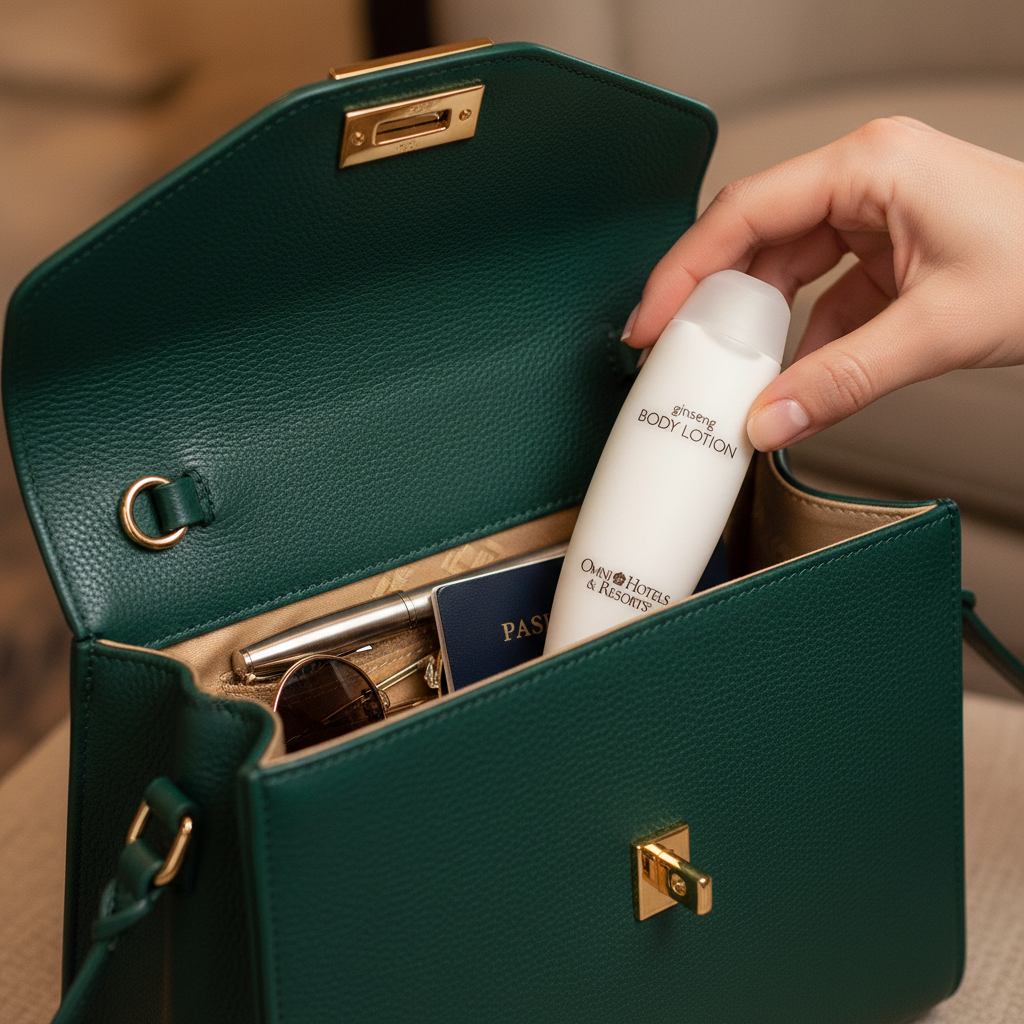 Omni Resort Body Lotion Travel Size being placed in designer purse - on-the-go luxury