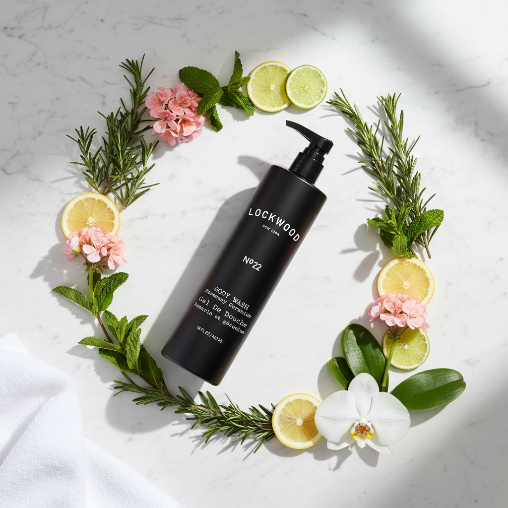 Lockwood New York Shower Gel - circular flat lay with rosemary, spearmint, geranium on marble