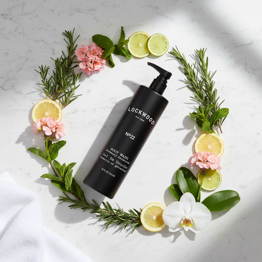 Lockwood New York Shower Gel - circular flat lay with rosemary, spearmint, geranium on marble