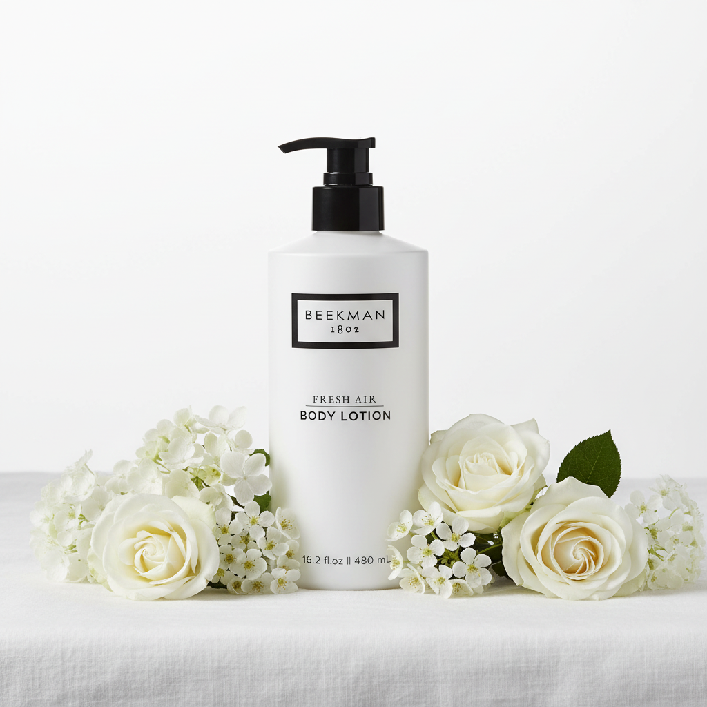 Beekman 1802 Fresh Air Body Lotion styled on white linen with fresh white flowers - luxury goat milk moisturizer clean fragrance
