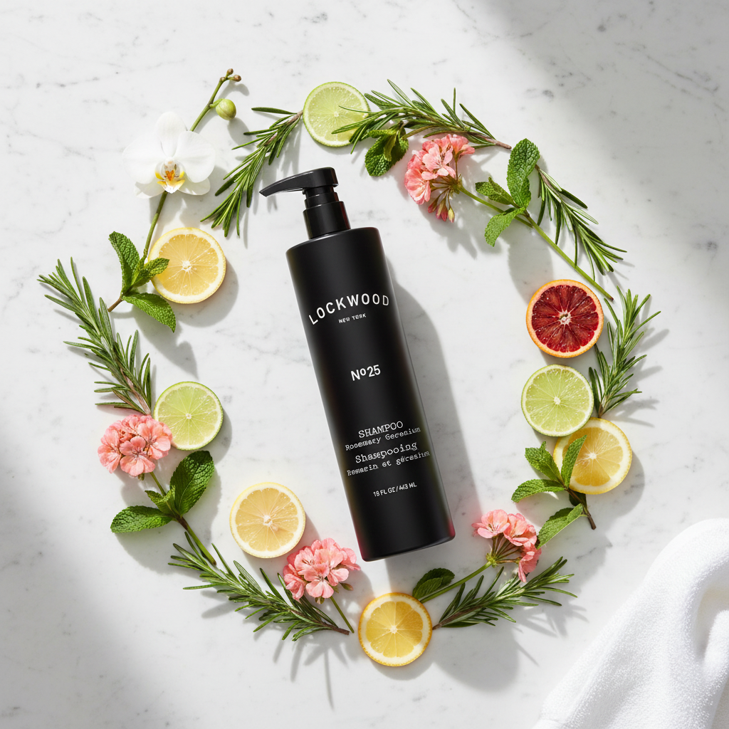 Lockwood New York Shampoo - circular flat lay with rosemary, spearmint, geranium on marble
