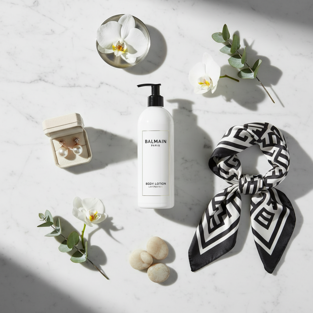 Balmain Paris Body Lotion - luxury hotel body lotion on marble flat lay with Parisian styling