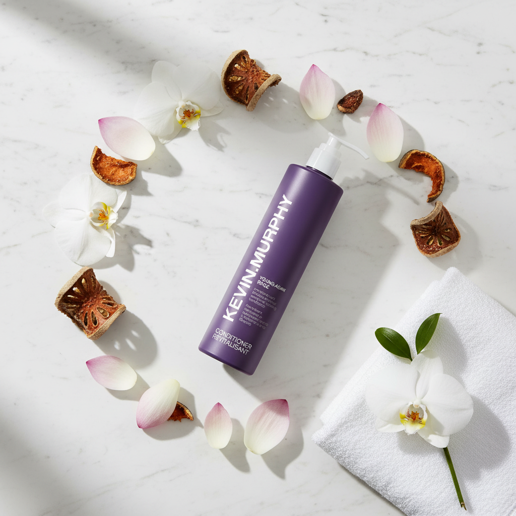 Kevin Murphy Young.Again Conditioner - circular flat lay with orchid, baobab, lotus on marble