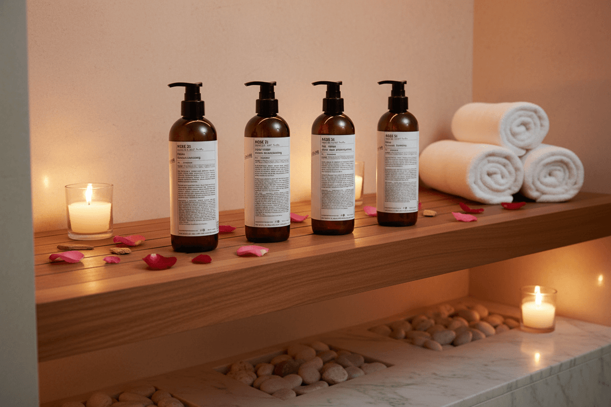 Le Labo Rose 31 Bath Set - all 4 bottles in elegant spa treatment room with rose petals