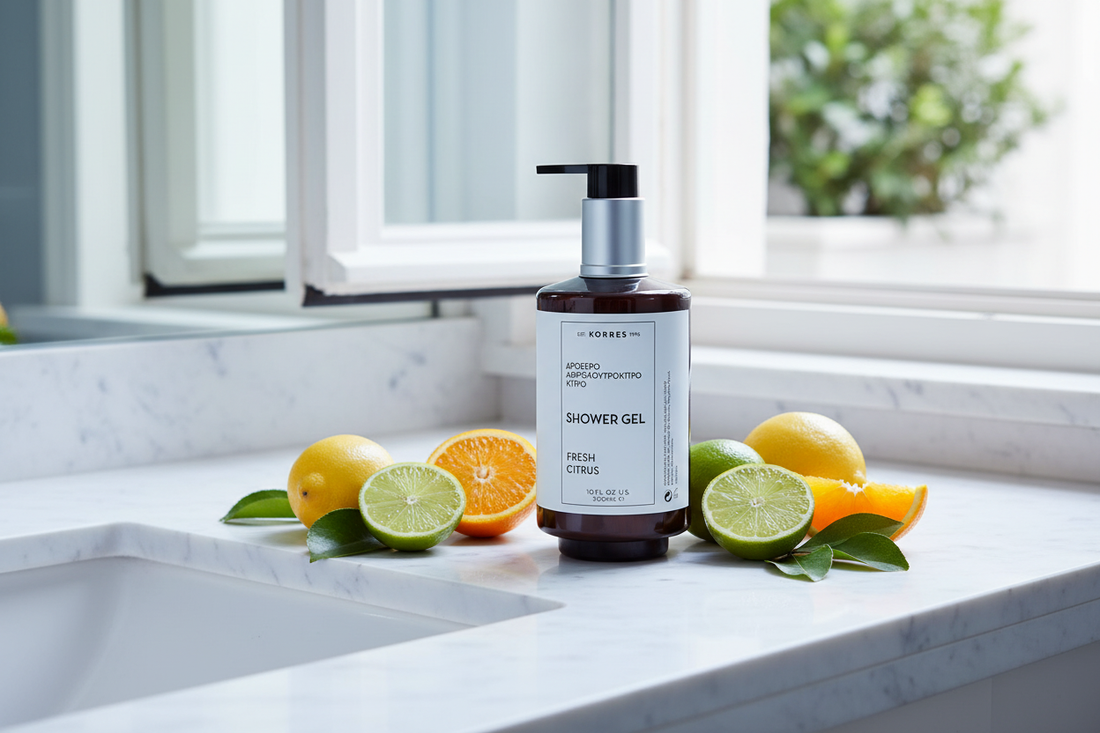 Korres Fresh Citrus Shower Gel flat lay with citrus slices on white marble