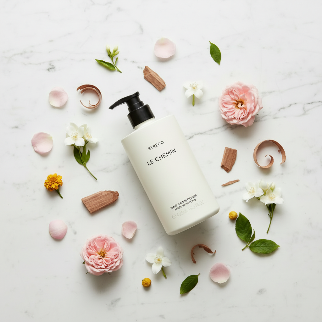 Byredo Le Chemin Conditioner luxury flat lay with roses jasmine flowers on white marble - premium hair conditioner