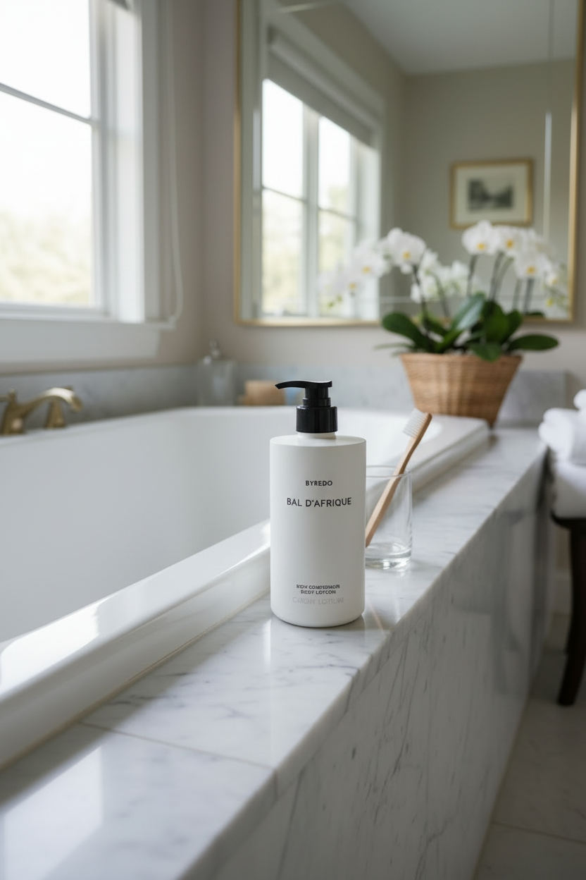 Byredo Bal D'Afrique Body Lotion in luxury home bathroom natural light fresh flowers - premium skincare moisturizer