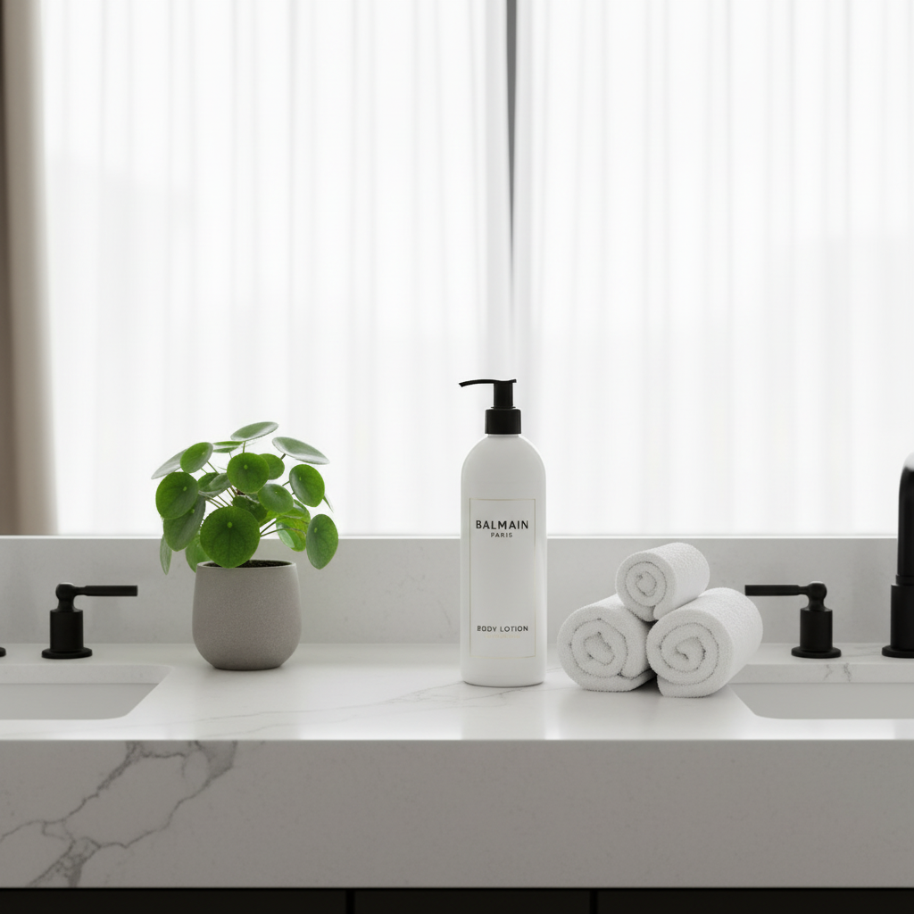 Balmain Paris Body Lotion on modern minimalist bathroom vanity with matte black fixtures