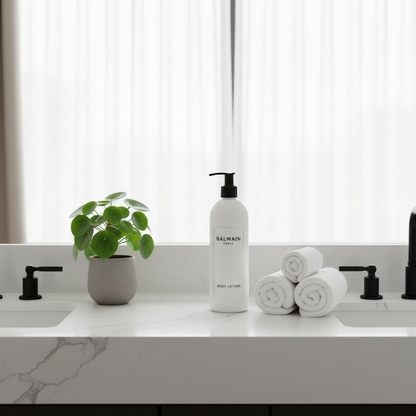 Balmain Paris Body Lotion on modern minimalist bathroom vanity with matte black fixtures