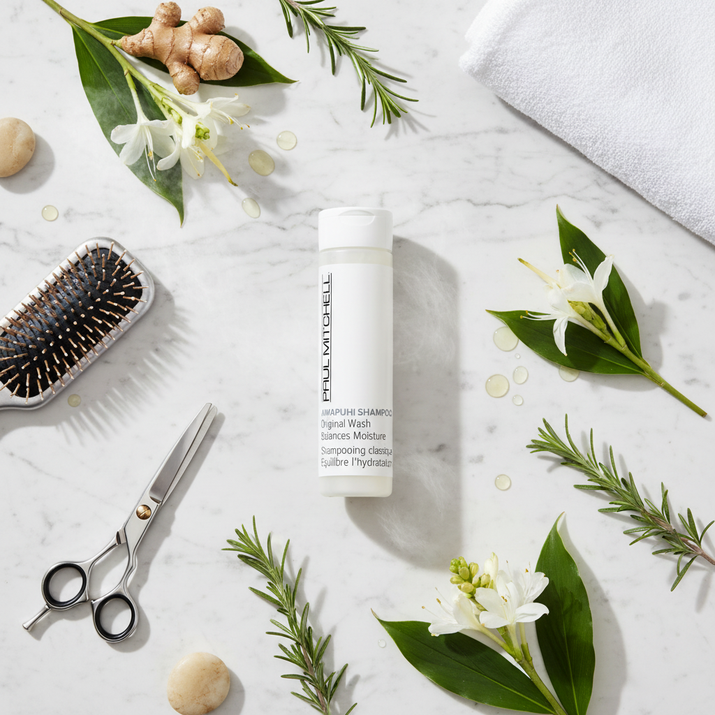 Paul Mitchell Shampoo - professional salon shampoo on marble flat lay with salon styling elements