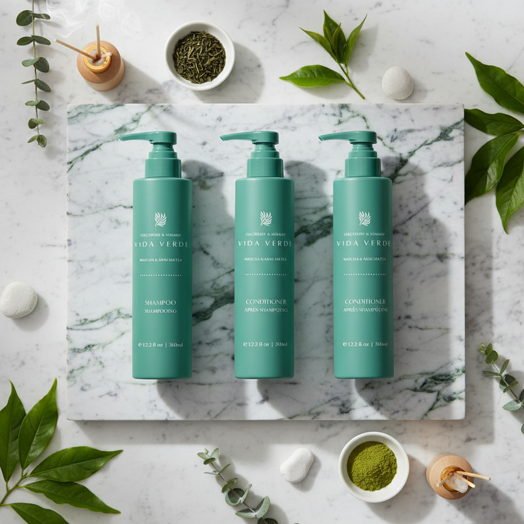 Vida Verde Trio - luxury hotel shampoo, conditioner, and body wash set on marble flat lay with botanical leaves