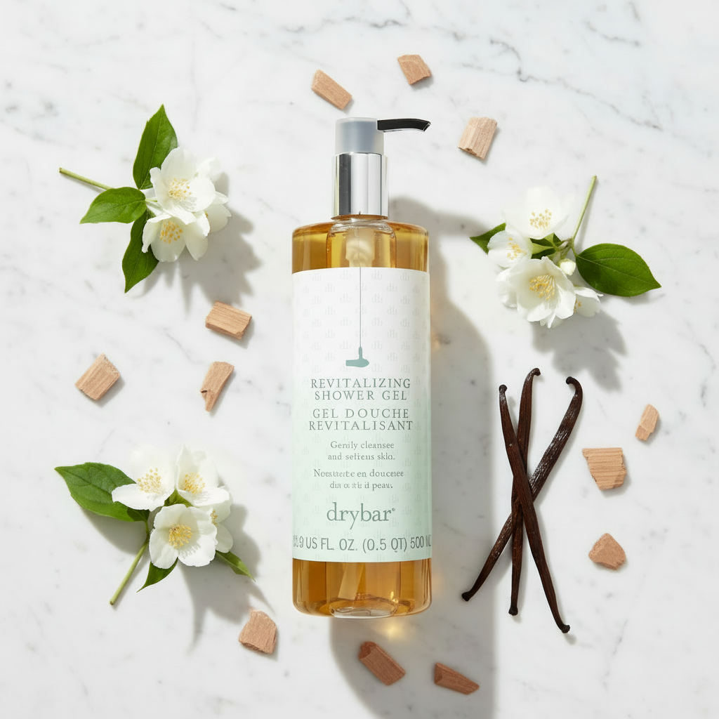 Drybar Revitalizing Shower Gel flat lay on marble — luxury hotel body wash paraben-free fresh scent