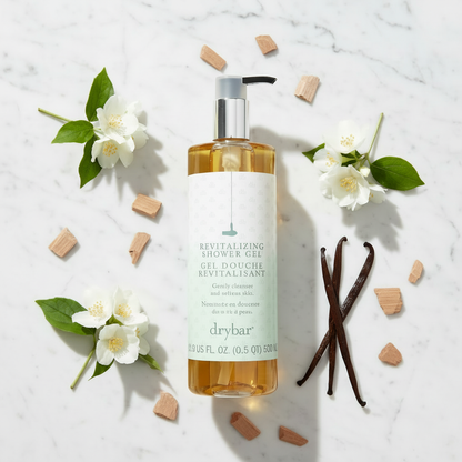 Drybar Revitalizing Shower Gel flat lay on marble — luxury hotel body wash paraben-free fresh scent