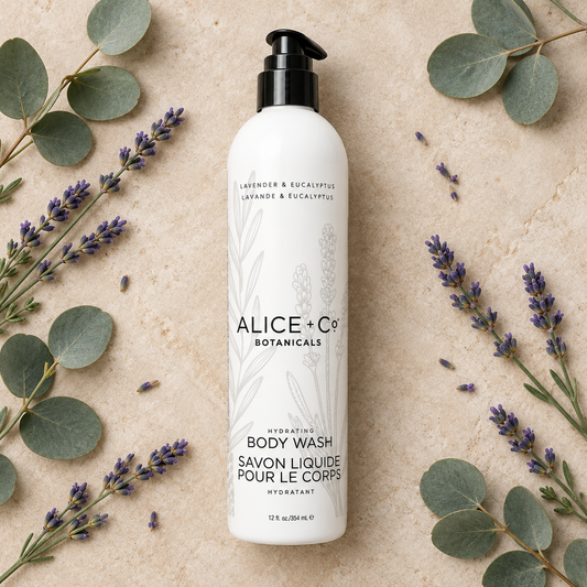 Alice + Co Lavender and Eucalyptus shampoo flat lay with scattered lavender and eucalyptus