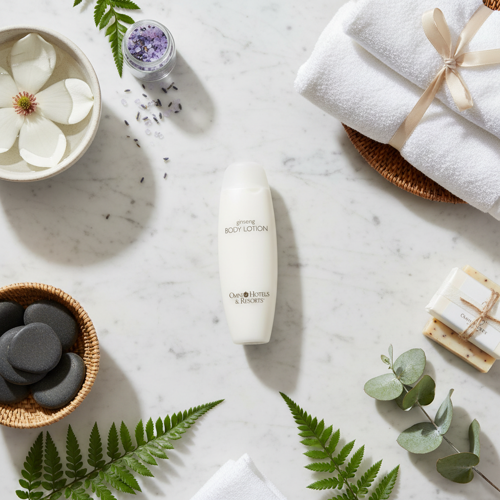 Omni Resort Body Lotion Travel Size - luxury hotel body lotion on marble flat lay with spa elements