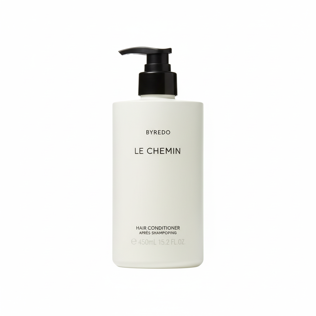 Byredo Le Chemin Conditioner bottle close-up Swedish luxury hair care packaging label details floral fragrance