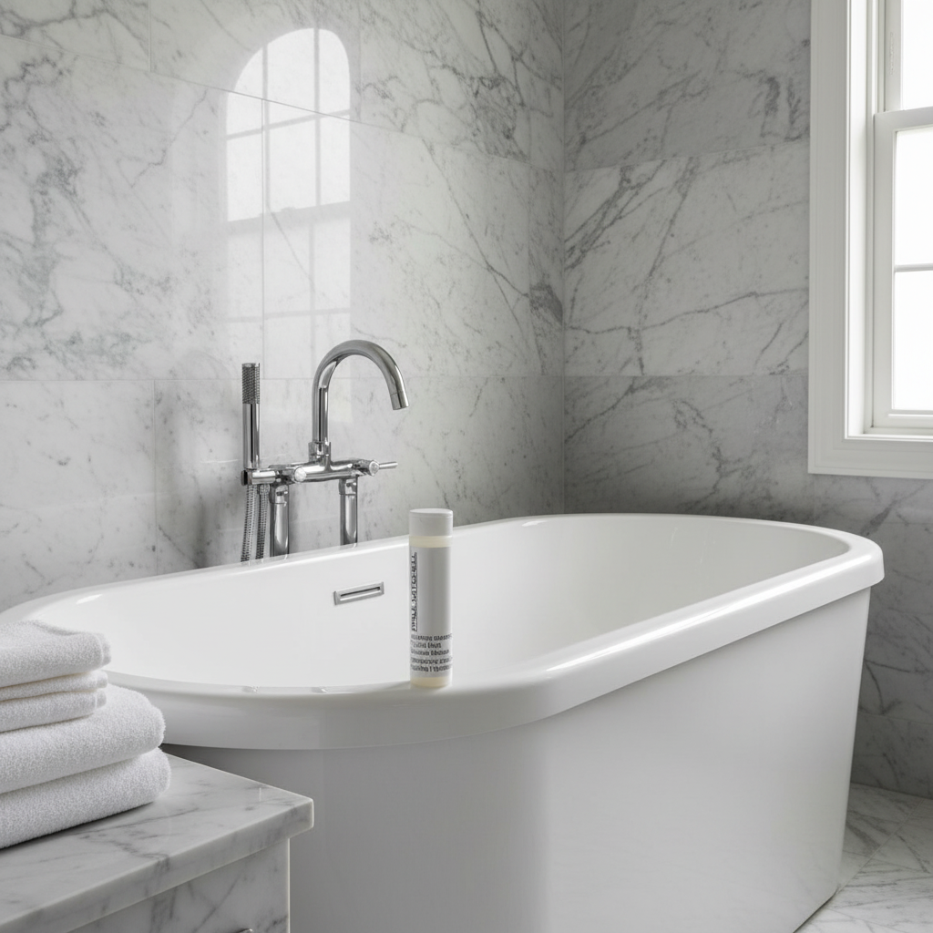 Paul Mitchell Shampoo on edge of luxury soaking tub with marble bathroom