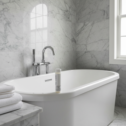 Paul Mitchell Shampoo on edge of luxury soaking tub with marble bathroom