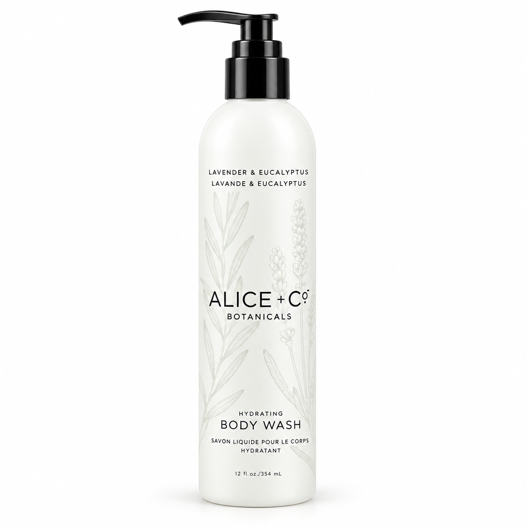 Body wash flat lay with lavender and eucalyptus