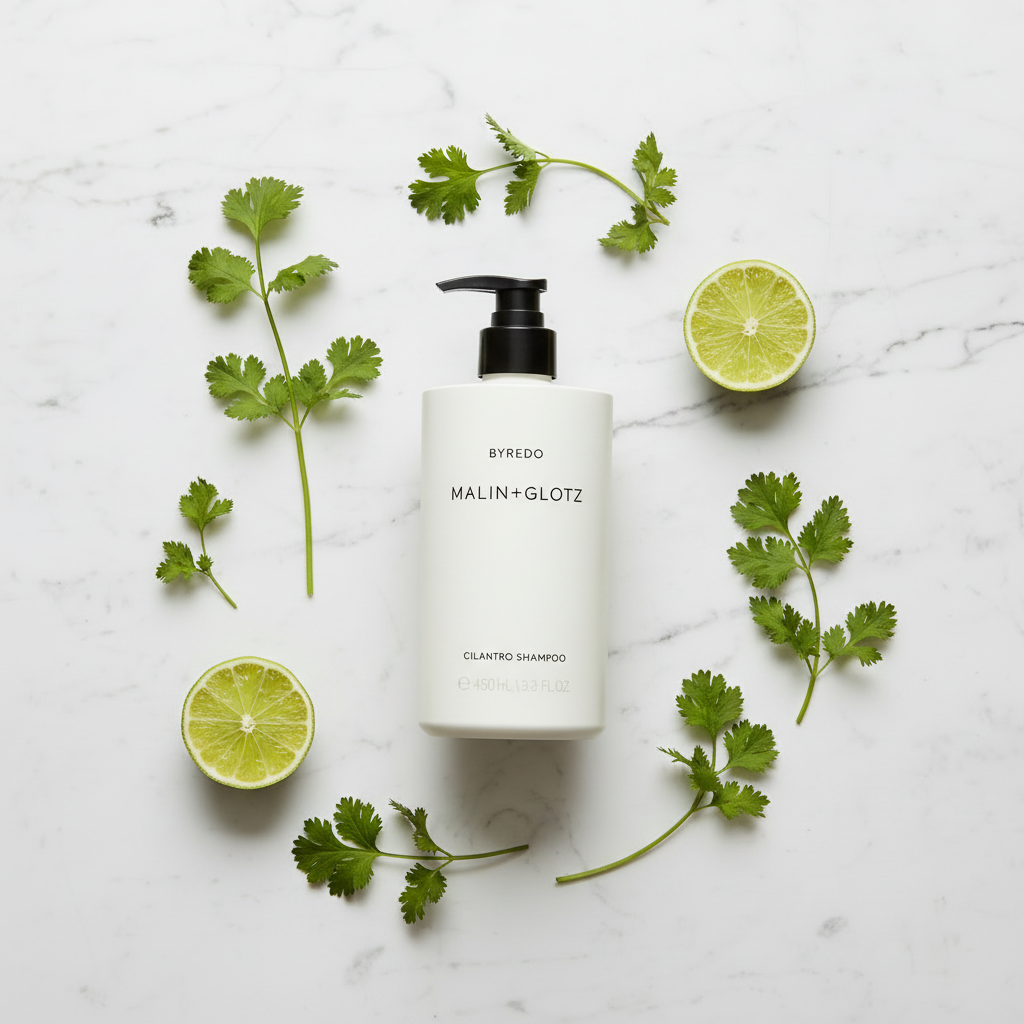 Malin+Goetz Cilantro Shampoo luxury flat lay with fresh cilantro lime on white marble - clean beauty hair care