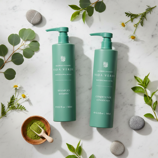 Vida Verde Shampoo & Conditioner Set - luxury hotel haircare duo on marble flat lay with botanical leaves