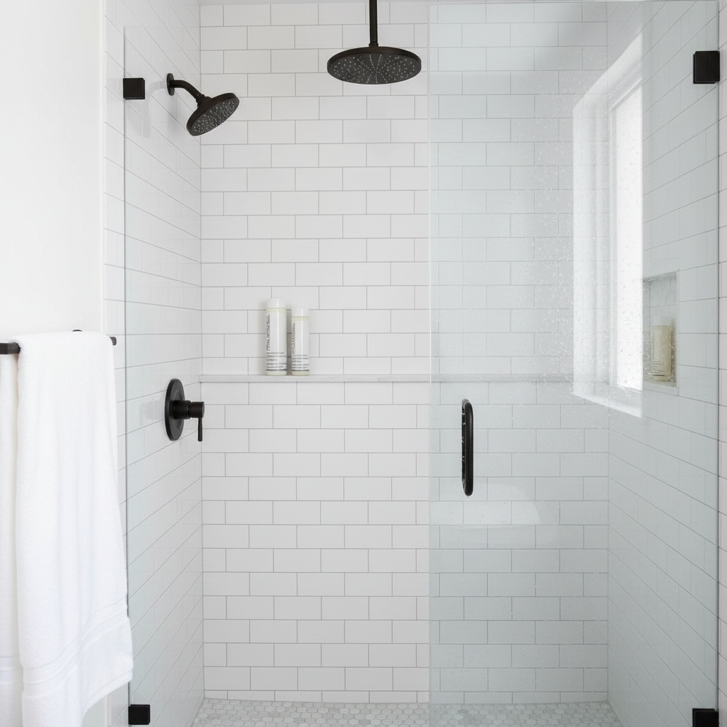 Paul Mitchell Conditioner in modern luxury shower with rainfall showerhead