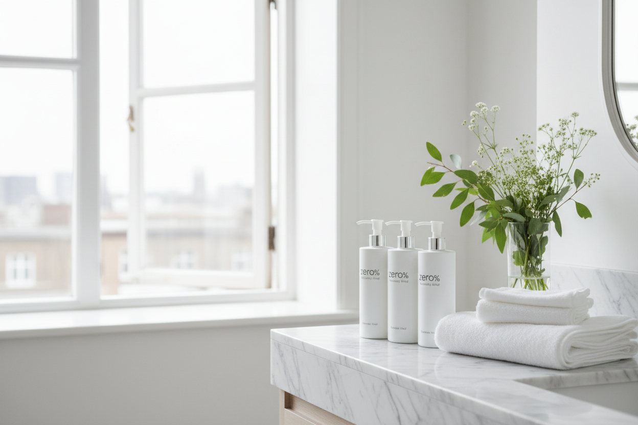 Zero% Naturally Kind Shampoo on luxury hotel bathroom counter