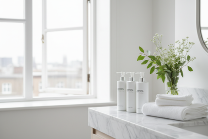 Zero% Naturally Kind Shampoo on luxury hotel bathroom counter