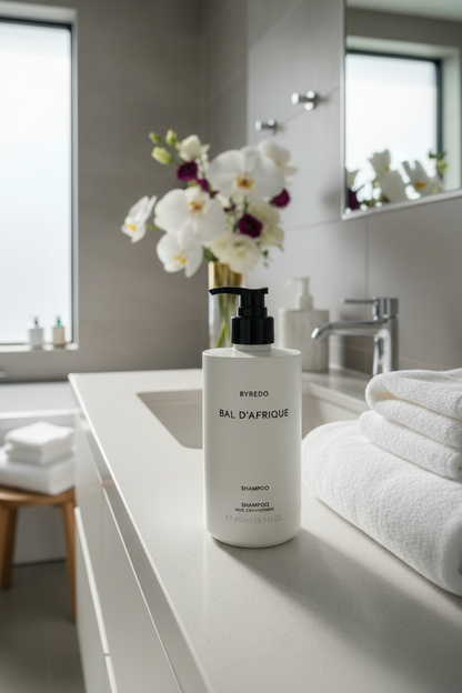 Byredo Bal D'Afrique Shampoo on luxury hotel bathroom vanity with marble countertop gold fixtures - spa quality hair care
